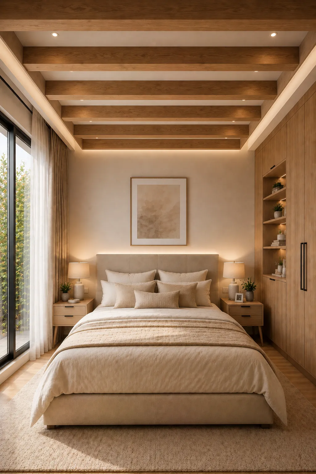 Wooden beam ceiling bedroom