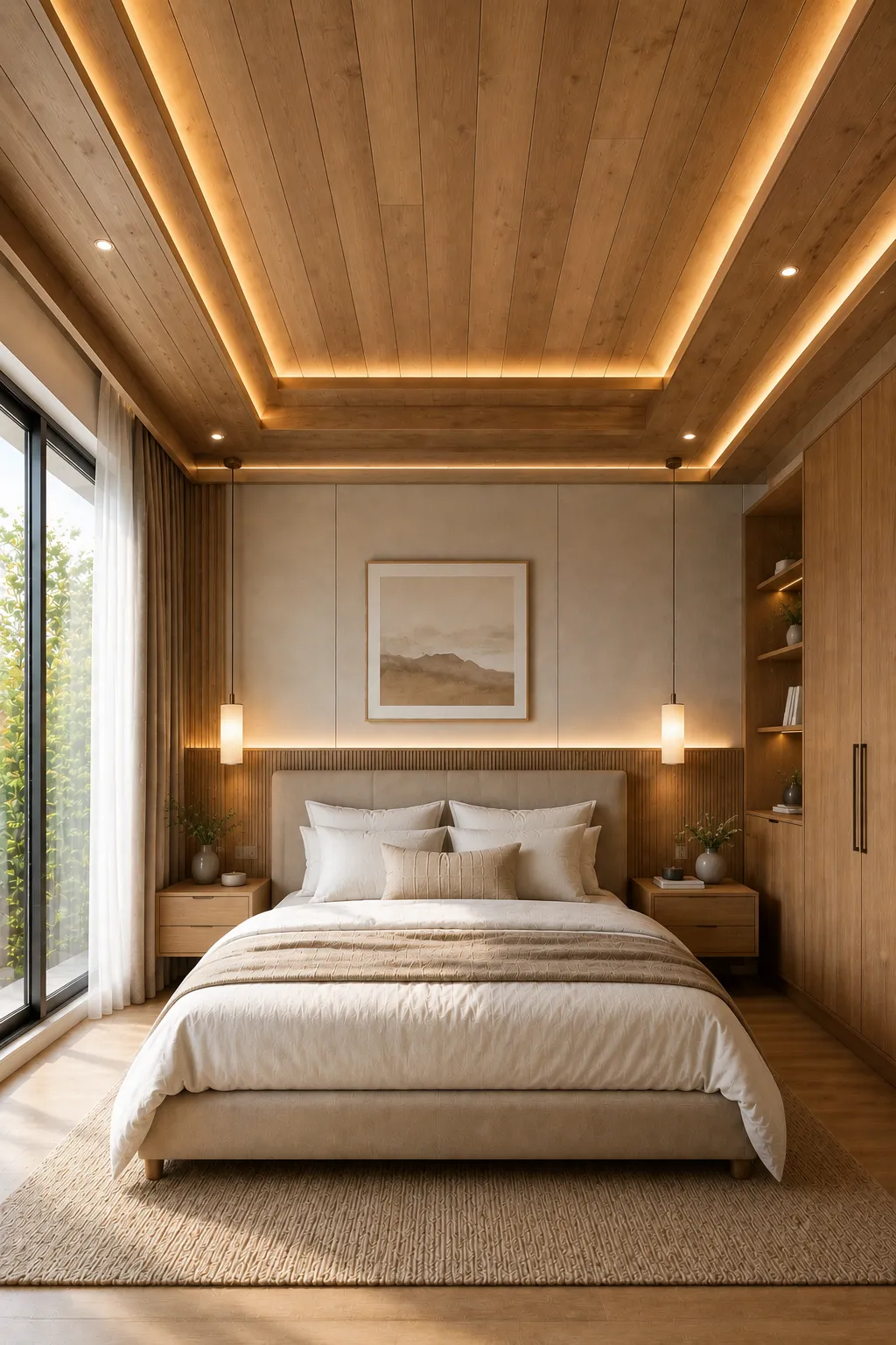 Wooden panel ceiling bedroom