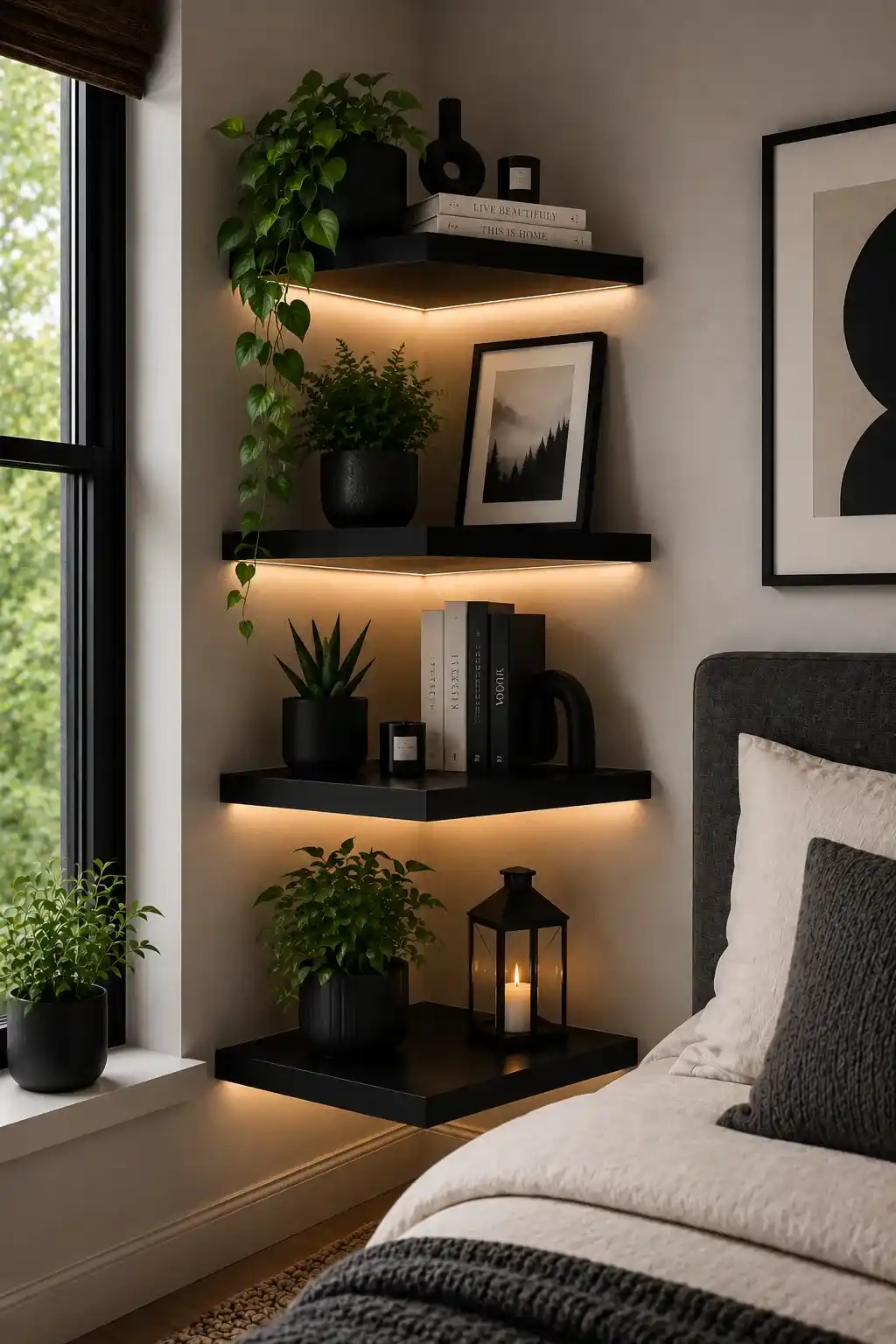 Black Corner Shelves Small Bedroom