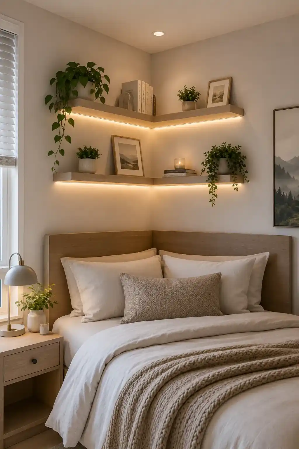 Corner Shelves Above the Bed Small Bedroom
