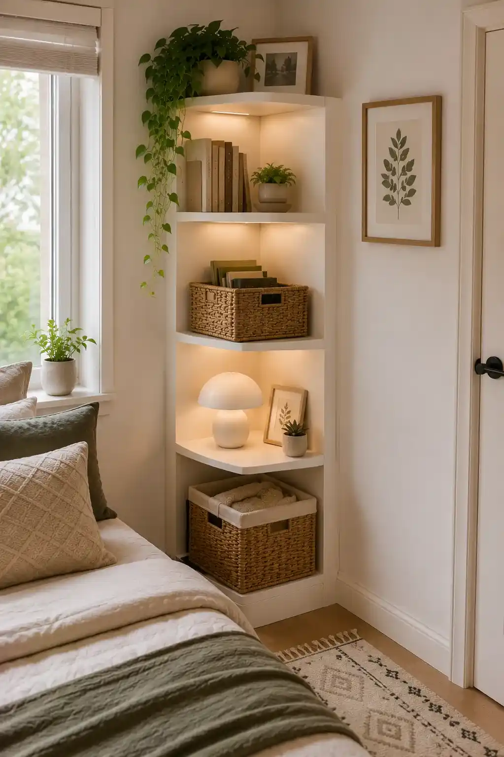 Corner Shelves with Storage Baskets Small Bedroom