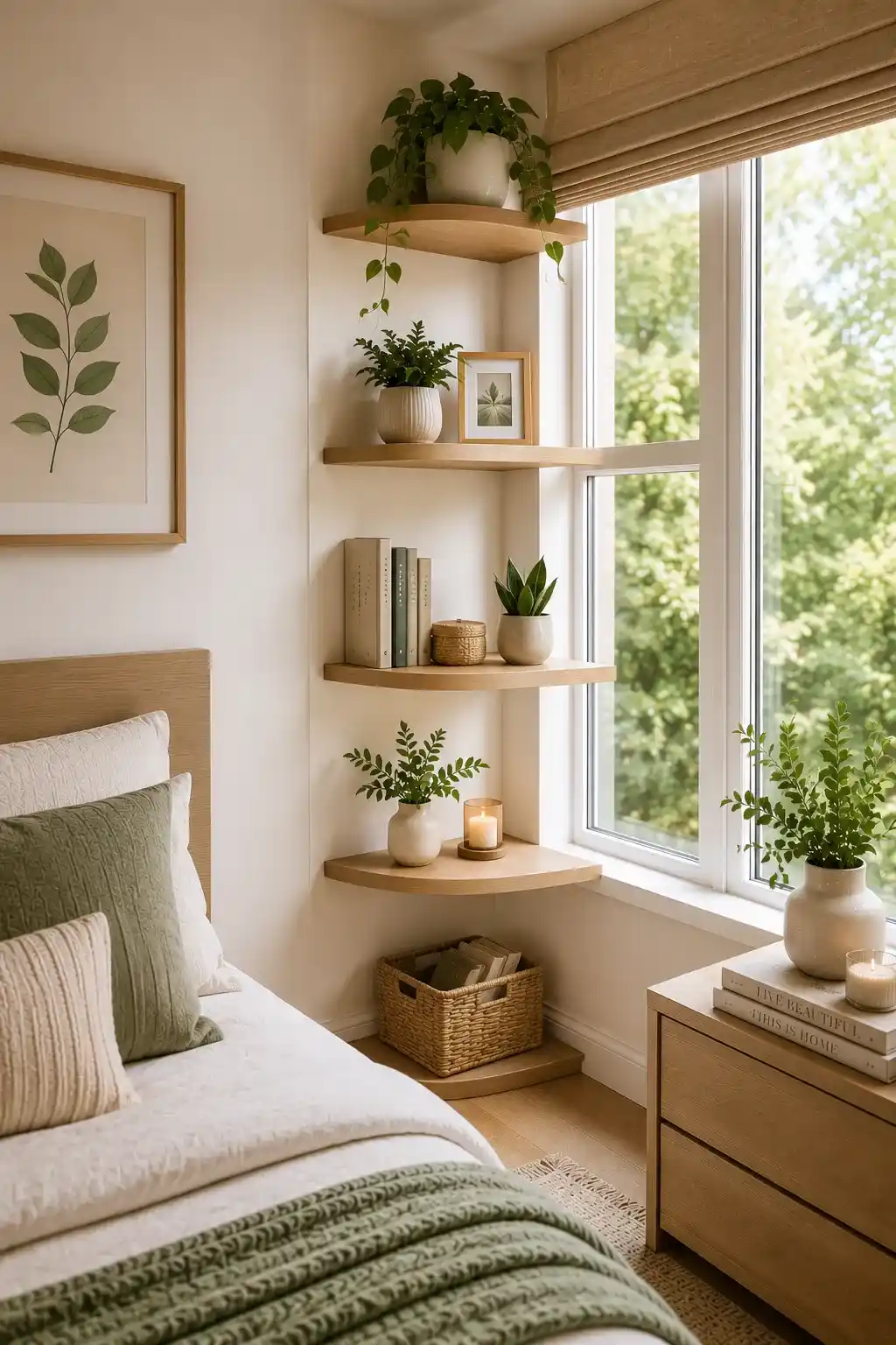 Corner Window Shelves in a Small Bedroom
