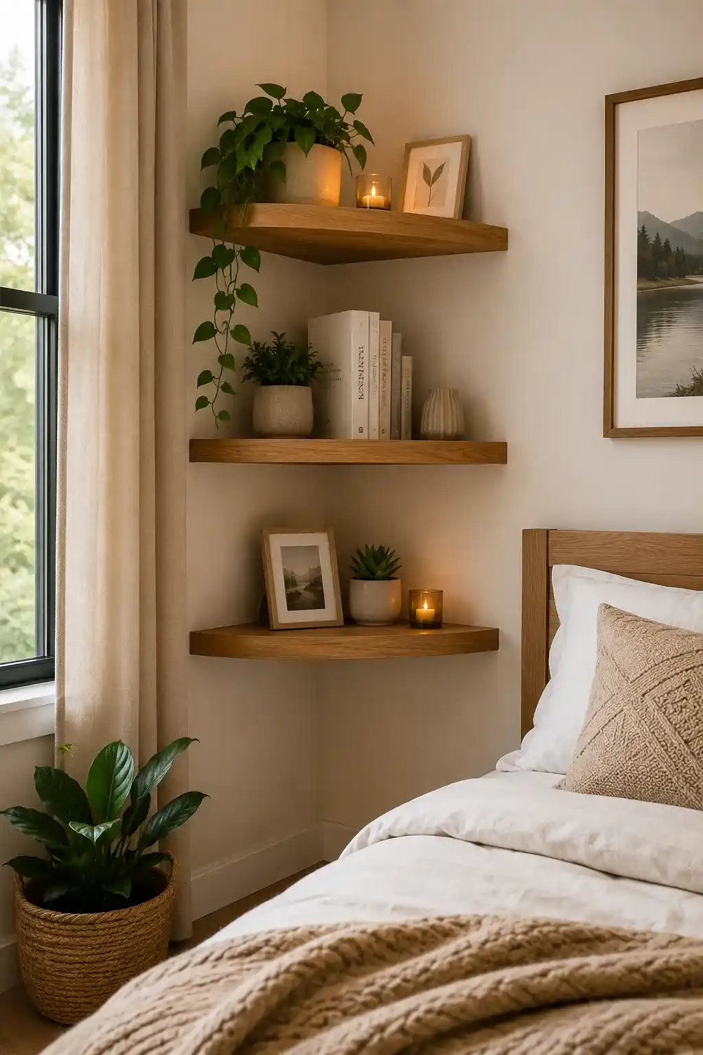 Floating Wooden Corner Shelves Small Bedroom