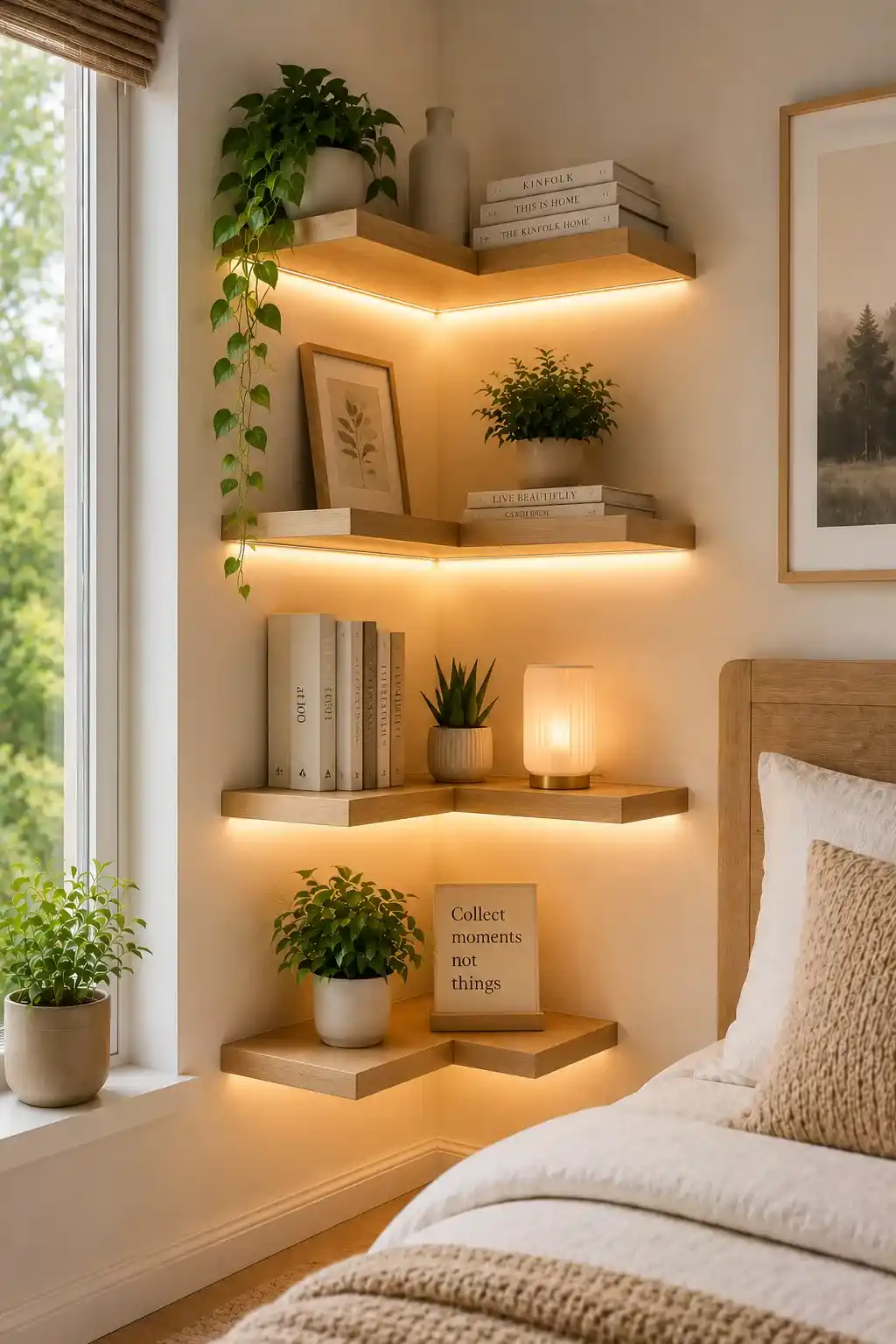 LED Light Corner Shelves Small Bedroom