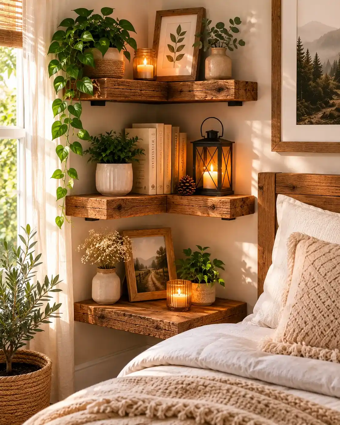 Rustic Wooden Corner Shelves Small Bedroom