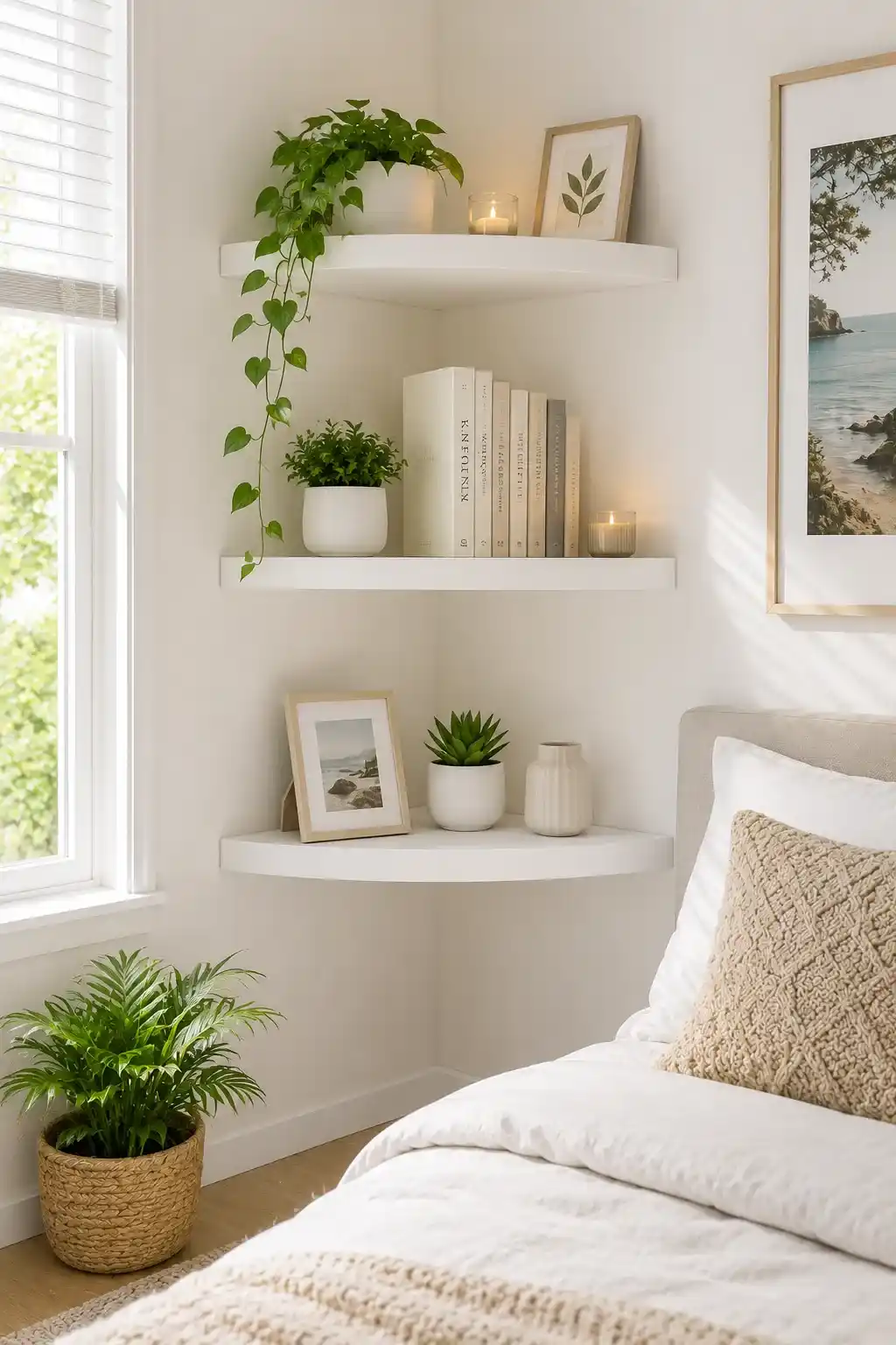 White Corner Shelves for Small Bedroom